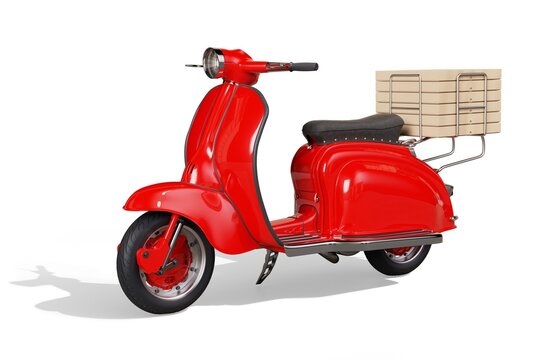 Red Vespa Scooter With Pizza Isolated On White Background. Food Delivery Concept. 3D Illustration