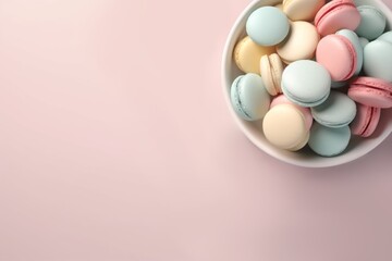 Minimalistic 3d French dessert macaroons on pastel pink background. AI generated