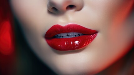 Red Lips close up. Beautiful Perfect Makeup, Red Lip Gloss. Generative AI