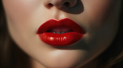 Fototapeta premium Red Lips close up. Beautiful Perfect Makeup, Red Lip Gloss. Generative AI
