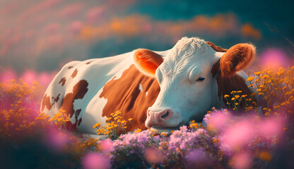 a cow laying down in a meadow with lots of flowers. Generative AI	