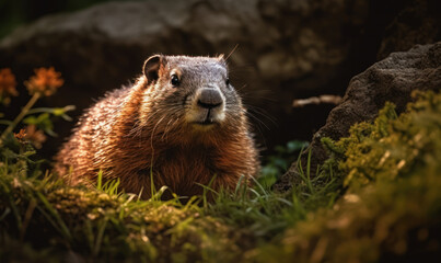 Photo of groundhog, captured as it emerges from its burrow in early morning light. composition highlights animal's natural habitat, with lush greenery and a soft, diffused background. Generative AI