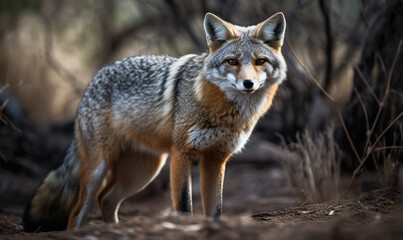 photo of gray fox in its natural habitat. Generative AI
