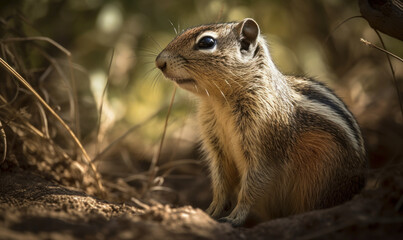 Naklejka na ściany i meble close up photo of ground squirrel on blurry forest background. Generative AI