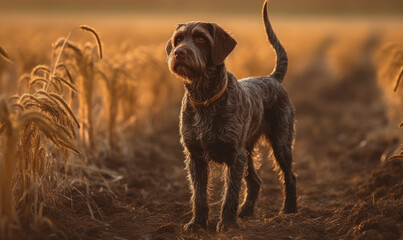 German wirehaired pointer standing alert in sprawling, rugged field, its wiry coat glistening in golden hour light. image captures raw energy & innate hunting instincts of the breed. Generative AI - obrazy, fototapety, plakaty