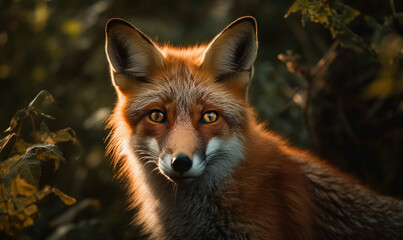 Obraz premium Photo of fox in golden light of dawn, with a mischievous glint in its eye, image showcases details of the fox's russet fur, sharp features, and alert posture, set against dense forest. Generative AI