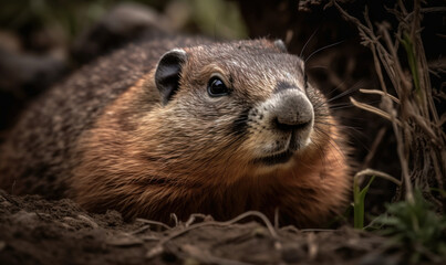Naklejka na ściany i meble close up photo of groundhog on blurry natural background. Generative AI