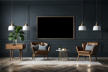 Mock Up Bilderrahmen in Luxus Apartment an dunkler Wand