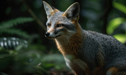Naklejka na ściany i meble Photo of gray fox in the wild, poised and alert amidst a verdant woodland. Portrait highlights the fox's striking features, including its bushy tail and keen eyesight. Generative AI