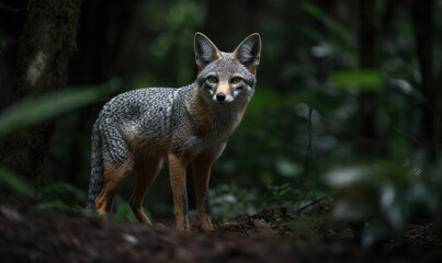 Photo of gray fox in the wild, poised and alert amidst a verdant woodland. Portrait highlights the fox's striking features, including its bushy tail and keen eyesight. Generative AI