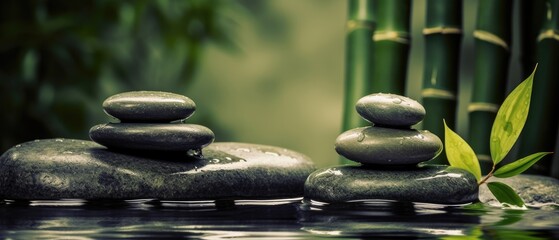 Relaxing wellness background with stones and bamboo waterfall background ,Generative AI	
