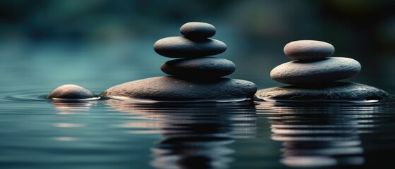 Relaxing wellness background with stones and bamboo waterfall background ,Generative AI	
