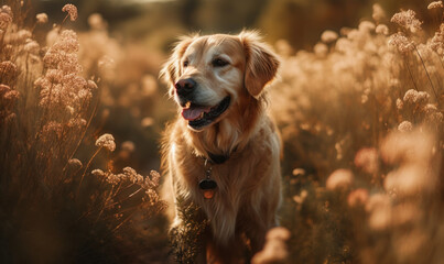 Photo of Golden Retriever dog, bathed in warm sunlight, frolicking in a field of wildflowers. The dog's lustrous coat and joyful expression transport  viewer into the idyllic scene. Generative AI