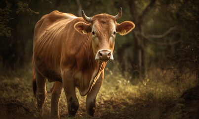 photo of Guernsey cow in its natural habitat. Generative AI