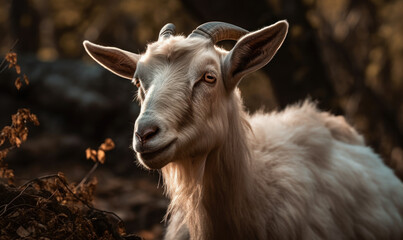 sunset photo of goat on blurry forest background. Generative AI