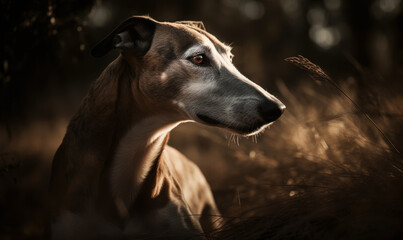 close up photo of Greyhound on blurry natural forest background. Generative AI