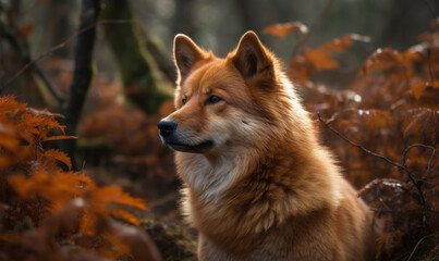 close up photo of Finnish spitz on blurry autumn forest background. Generative AI