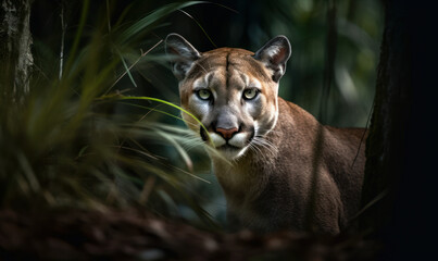 Photo of Florida panther captured stealthily stalking through dense underbrush of a sweltering Floridian forest, sun illuminating every muscle and sinew of the powerful feline's body. Generative AI