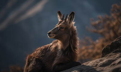 Goral (genus Naemorhedus, captured in a moment of calm contemplation amidst rugged terrain of the Himalayas. Portrait accentuating the goral's majestic horns and intricate fur patterns. Generative AI - obrazy, fototapety, plakaty