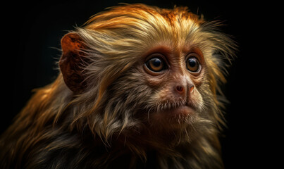 close up photo of golden lion marmoset on black background. Generative AI