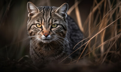 Geoffroy’s cat, small wild feline native to South America, crouched low in tall grass, alert & ready to pounce on its prey. portrait captures essence of Geoffroy's cat in its habitat. Generative AI