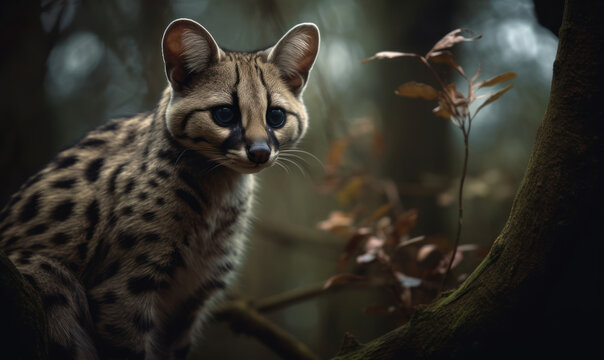 Photo of genet (mammal) perched atop a tree branch, scanning the surrounding environment with its keen senses. composition perfectly captures the agile and curious nature of the genet. Generative AI