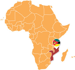 Mozambique map in Africa, Mozambique location and flags.
