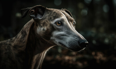 close up photo of Greyhound on blurry natural forest background. Generative AI