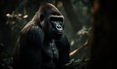 Obraz premium Photo of gorilla, imposing & majestic, standing tall in heart of an African rainforest. gorilla's thick fur, rippling muscles, and intense gaze are illuminated by the soft, warm light. Generative AI