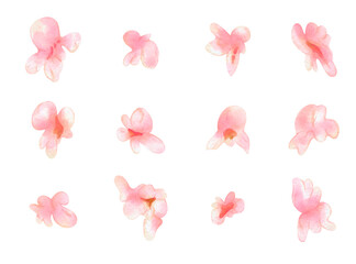 Set of pink popcorn objects, digital watercolor. Nostalgia for 2000