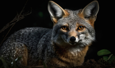 Naklejka na ściany i meble night photo of gray fox on black background. Generative AI