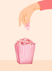 Female holding pink popcorn, movie concept. Invitation, flyer of movie party of 2000. Y2k illustration