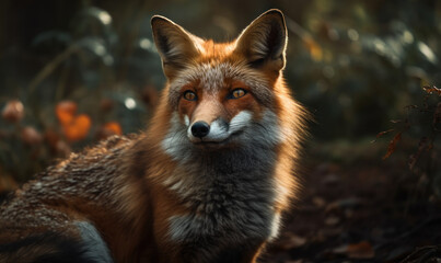 Fototapeta premium close up photo of fox on blurry green forest background. Generative AI