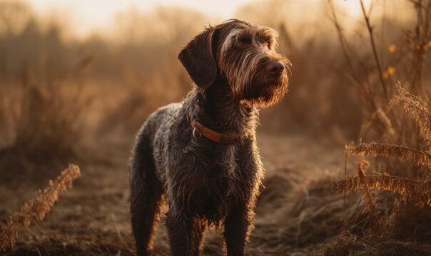 German wirehaired pointer standing alert in sprawling, rugged field, its wiry coat glistening in golden hour light. image captures raw energy & innate hunting instincts of the breed. Generative AI