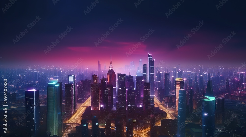 Poster Panoramic view of modern office buildings and tall skyscrapers.Futuristic illustration of future technologies. Generative AI