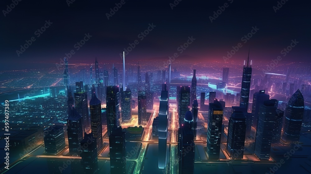 Poster Panoramic view of modern office buildings and tall skyscrapers.Futuristic illustration of future technologies. Generative AI