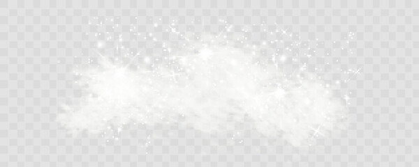 A transparent special effect is highlighted by fog or smoke. White cloud vector, snow storm. glitter of stars. snow fog on a light background.