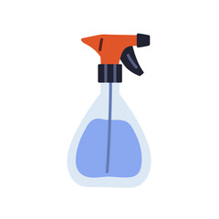 Spray bottle with water. Transparent sprayer with cleaning liquid, detergent. Abstract sprinkler for air and plant humidity. PLastic packaging. Flat vector illustration isolated on white background