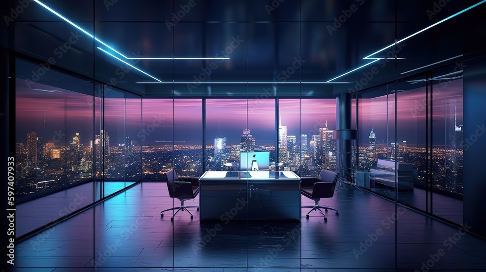 Sticker Office room with blank computer display,table,chair,cement floor,glass walls with night city view. Futuristic illustration of future technologies. Generative AI