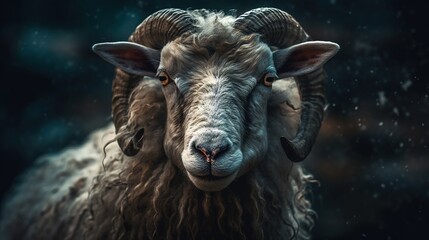 Portrait of a ram with curved big horns. Mountain sheep close up. Cinematic Ram with twisted horns. Generative AI