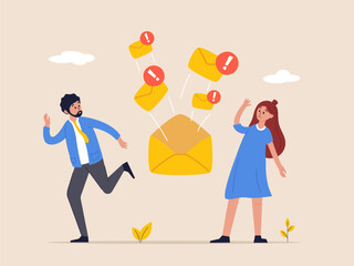 Concept of virus, piracy, hacking and security. Fear of spam email warning. Girl looks at large number of letters in horror. Man runs away from spam in fear. Mailing of advertising correspondence.