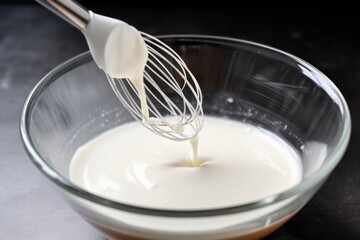 Whipped egg whites in a glass mixing bowl with a whisk. generative AI