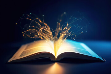  magic book with golden and blue digital rays, particles and glowing on black background, education, study, science and future technology, generative ai