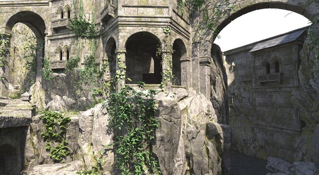 Photorealistic render of a Ruins of the old stone sacred temple with arches and overgrown with green vegetation. Beautiful natural wallpaper.