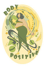 Vector illustration  with a plump woman in a tracksuit and with stars balls and feathers with a ribbon for rhythmic gymnastics and with the inscription body positive