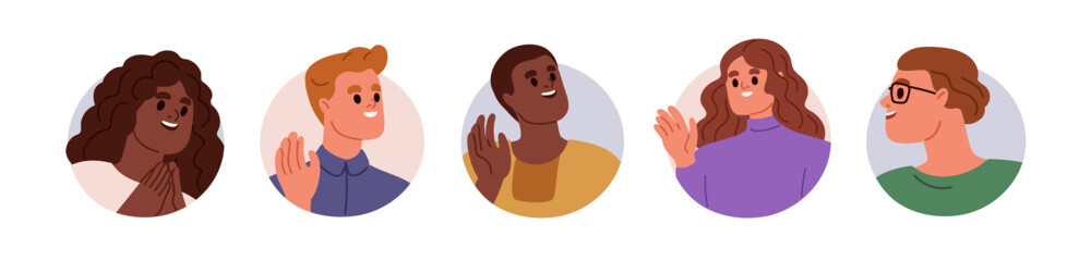 Happy people, face avatars set. Smiling excited men, women, head portraits. Friendly glad characters waving hand, gesturing hi, greeting. Flat vector illustrations isolated on white background © Good Studio