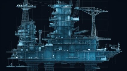 Cutting-Edge Oil Rig Blueprint, HUD Interface, Digital Illustration on Black Background, Progressive Engineering Idea, Groundbreaking Structure, Generative AI Illustration