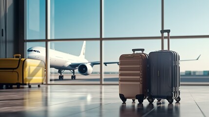 Suitcases in airport departure hall, airplane in background. Traveler suitcases in airport terminal waiting area, empty hall interior with large windows, focus on suitcases. Generative AI
