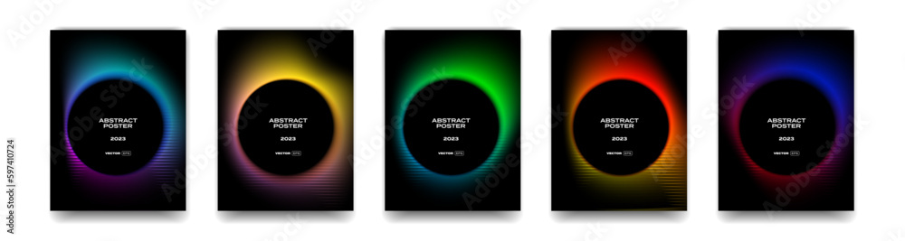 Poster color gradient background, neon gradation circles with halftone grain noise, vector posters. hologra