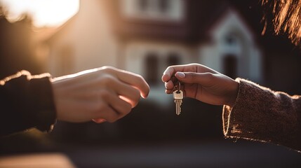 Woman's hand passing keys to another hand, blurred background. Generative AI
